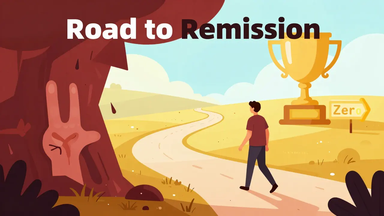 A person walking a path from inflammation and pain toward a bright, healthy state of remission.