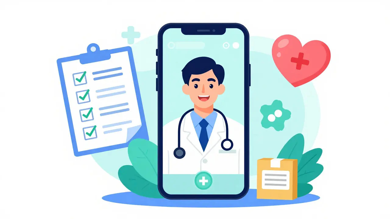 Cartoon depicting a telemedicine consultation on a smartphone for prescription birth control.