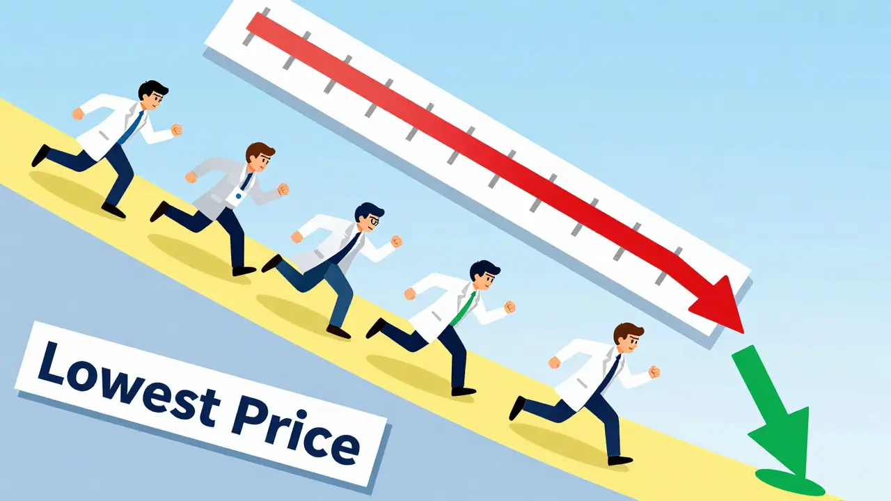 Cartoon depicting multiple companies competing to lower the price of generic medications.