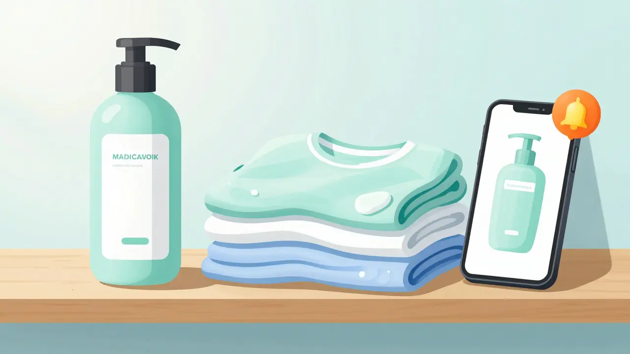 Collection of breathable clothes and antifungal shampoo for skin maintenance