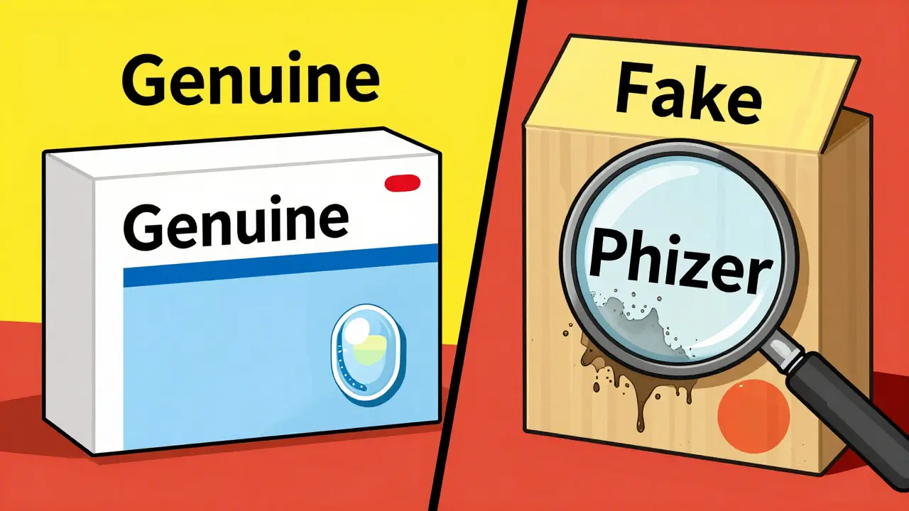 Comparison illustration showing a genuine medicine box versus a fake one with spelling errors and smudged ink.