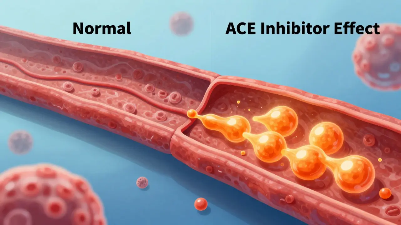 Conceptual illustration of Bradykinin leaking from blood vessels into surrounding tissue.