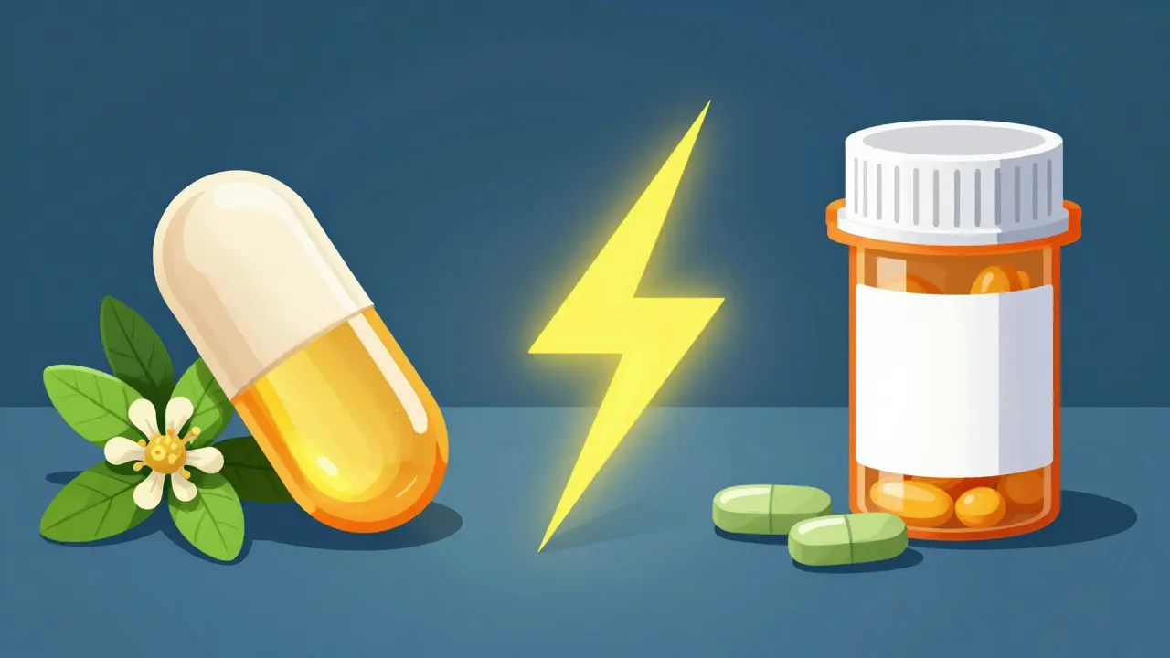 Conceptual illustration of chemical interactions between herbal supplements and prescription pills