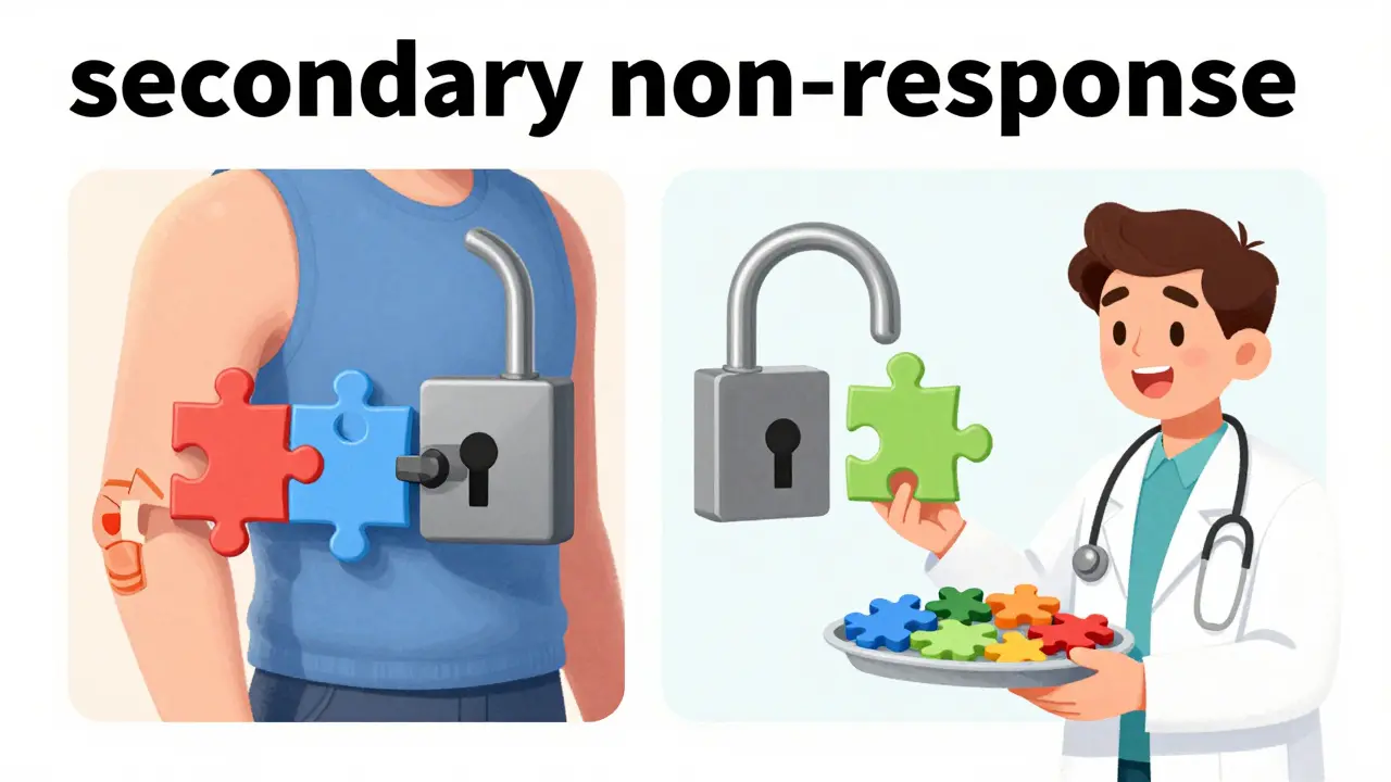 Conceptual illustration of switching biologic medications when the first one stops working.