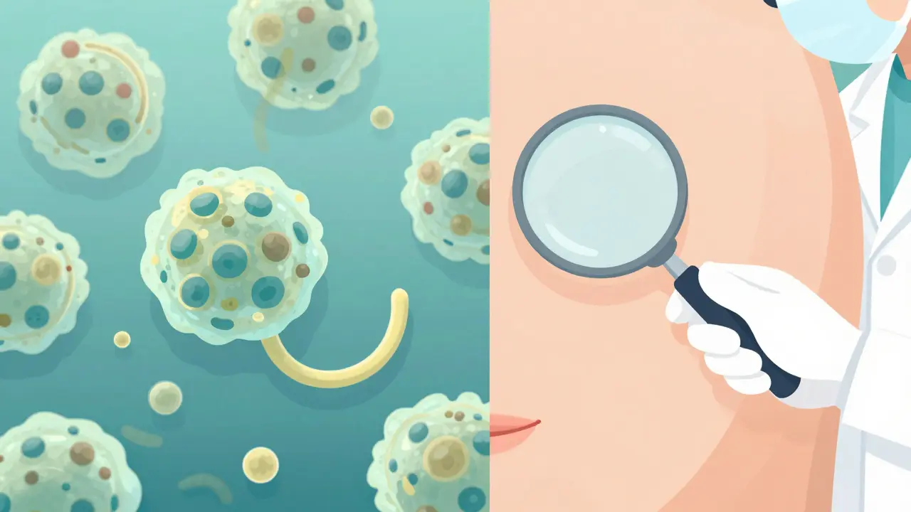 Conceptual view of Malassezia yeast cells under a magnifying glass