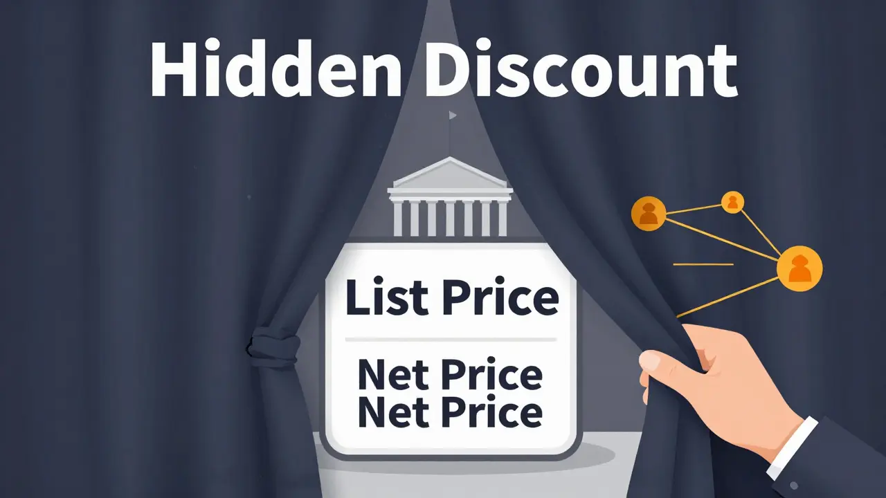 Editorial illustration showing a hidden lower net price behind a high list price curtain.