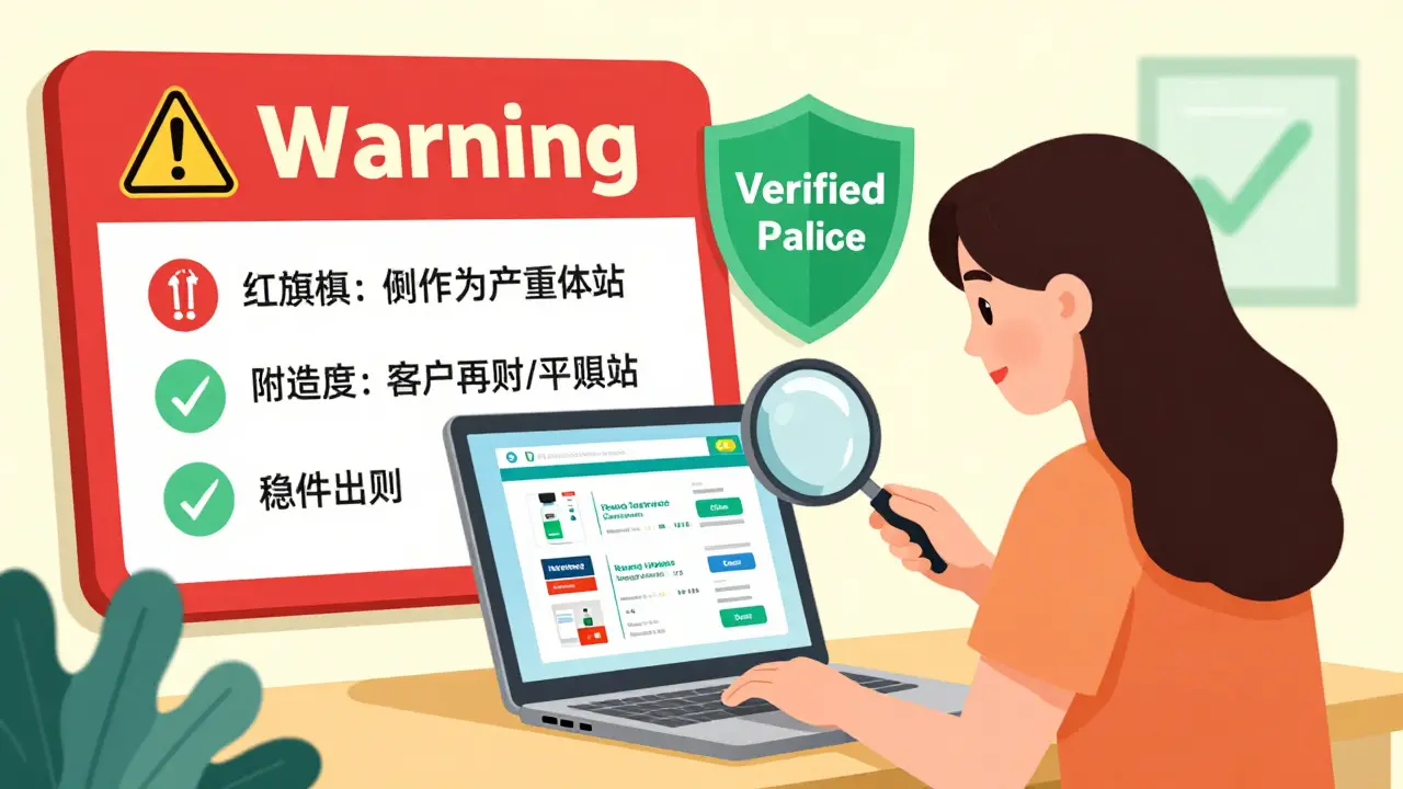 Illustration of a woman using a magnifying glass to safely compare online pharmacies.