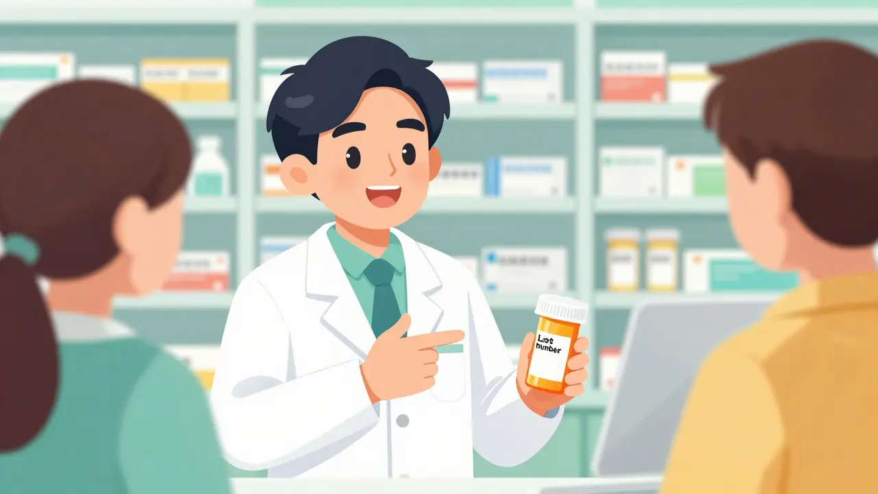 Pharmacist showing a patient where to find the lot number on a medicine bottle