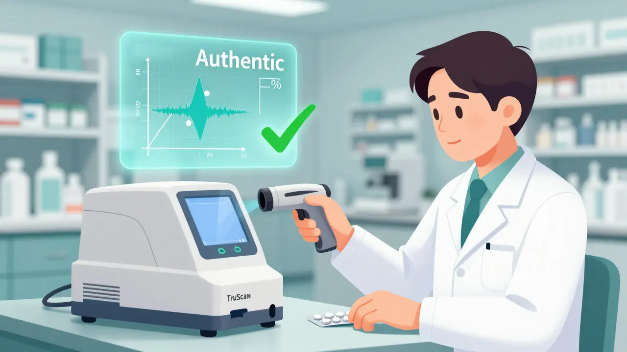 Pharmacist using a handheld spectrometer to scan a pill, with a holographic authenticity graph appearing.