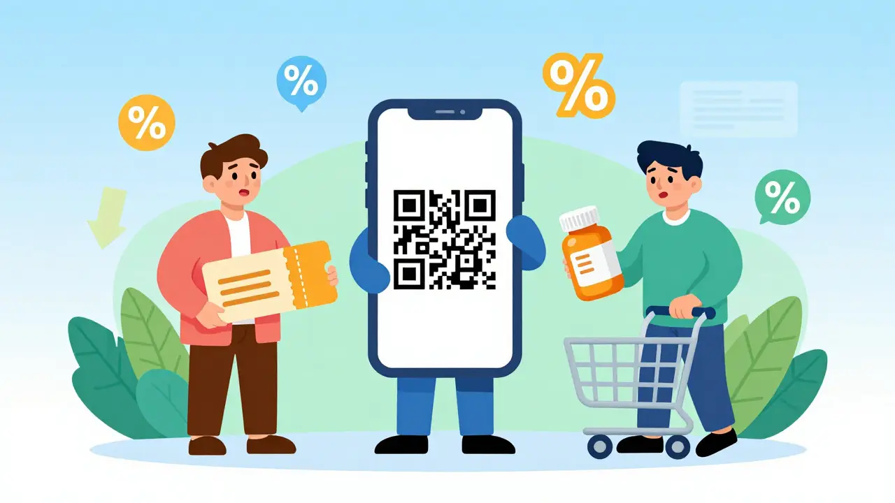 Cartoon characters representing discount apps offering cheap generic medicine to a happy buyer.