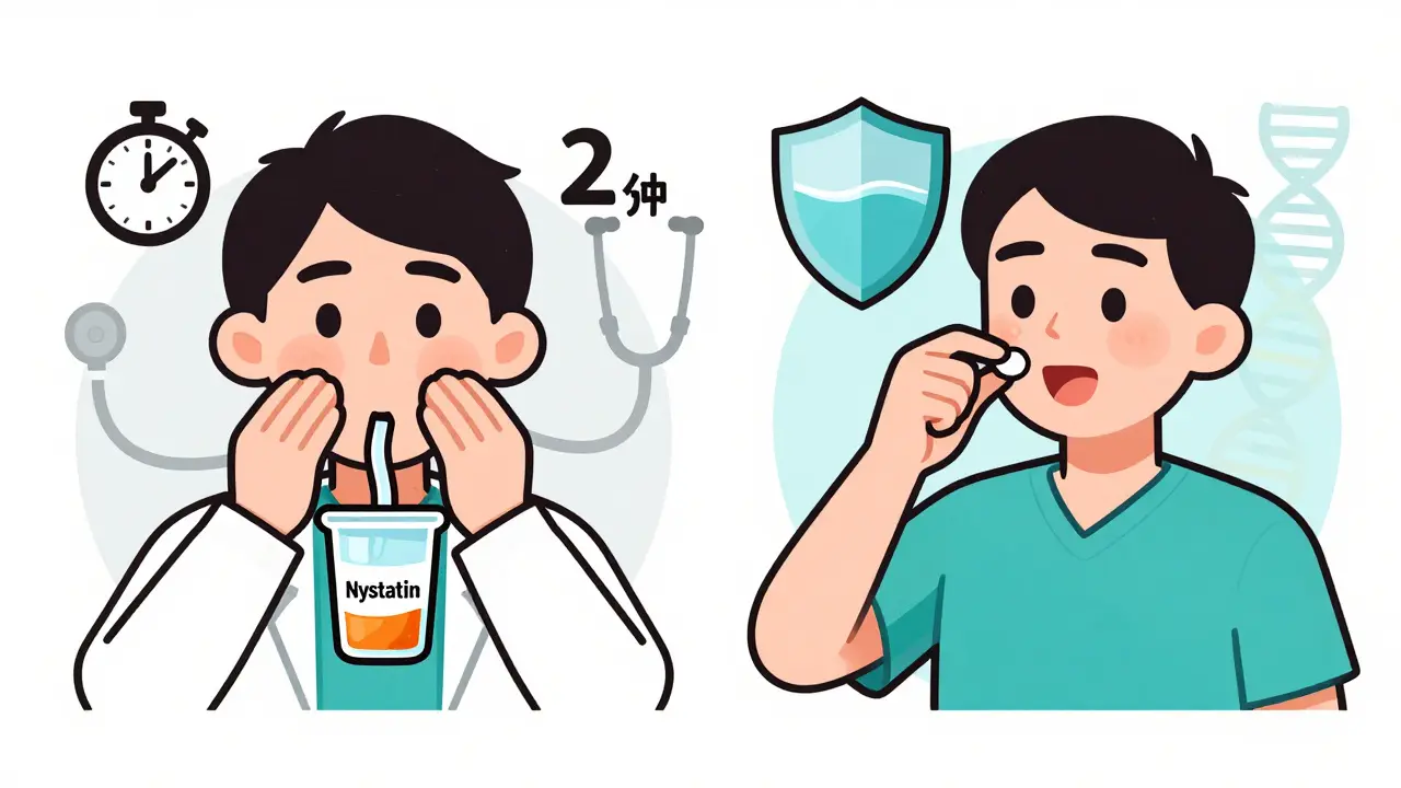 Cartoon comparison of topical Nystatin swish vs systemic Fluconazole pill for treating thrush.