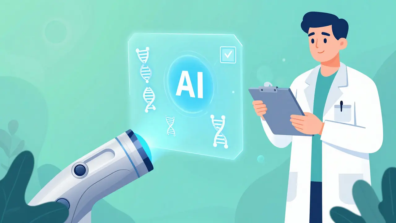Cartoon of AI-assisted endoscope detecting polyps in colon