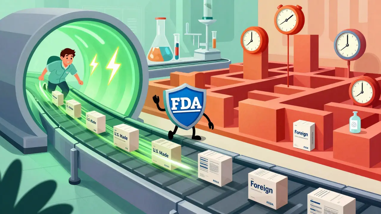 Cartoon showing fast-track FDA approval for US-made generics vs slow foreign path