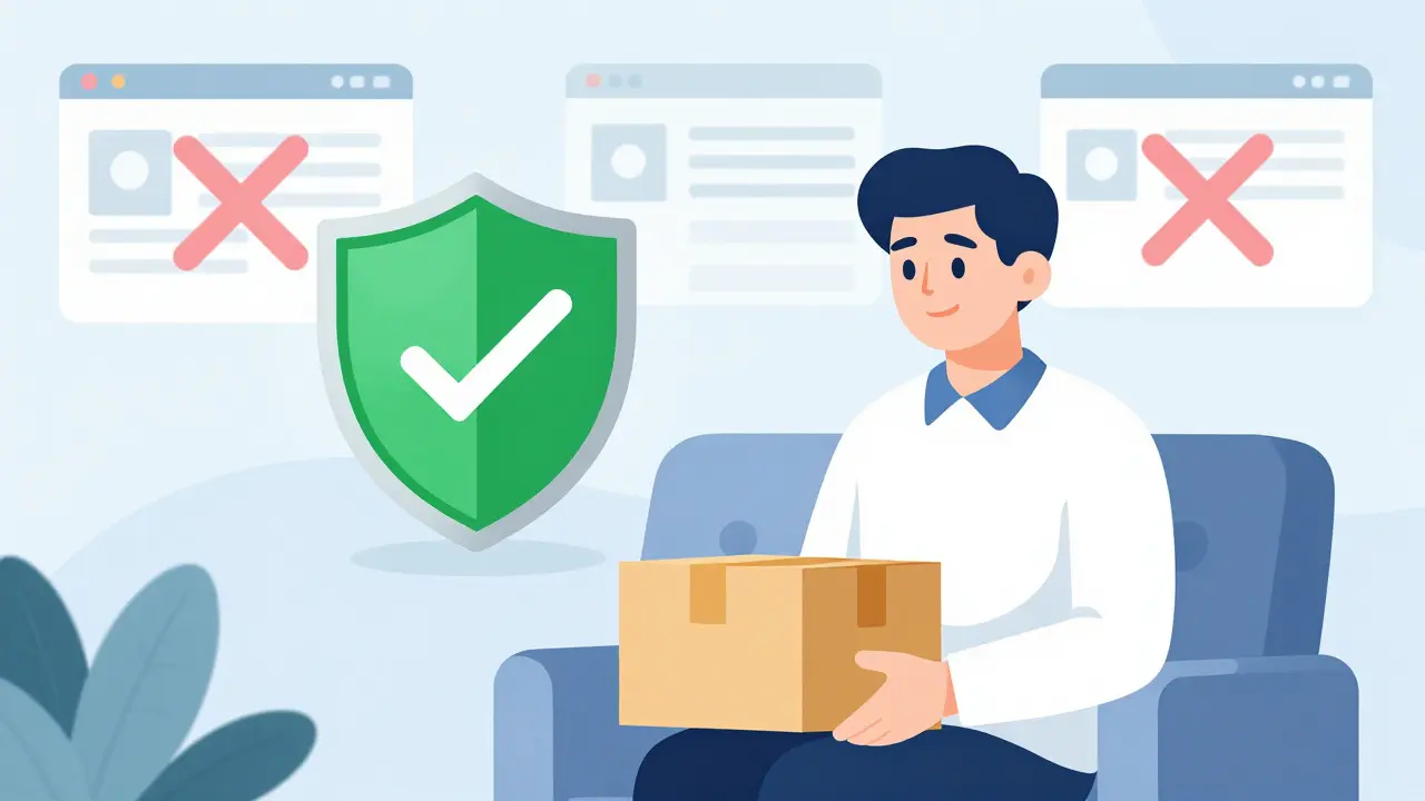 Cartoon showing safe home delivery of medication with a security shield icon.