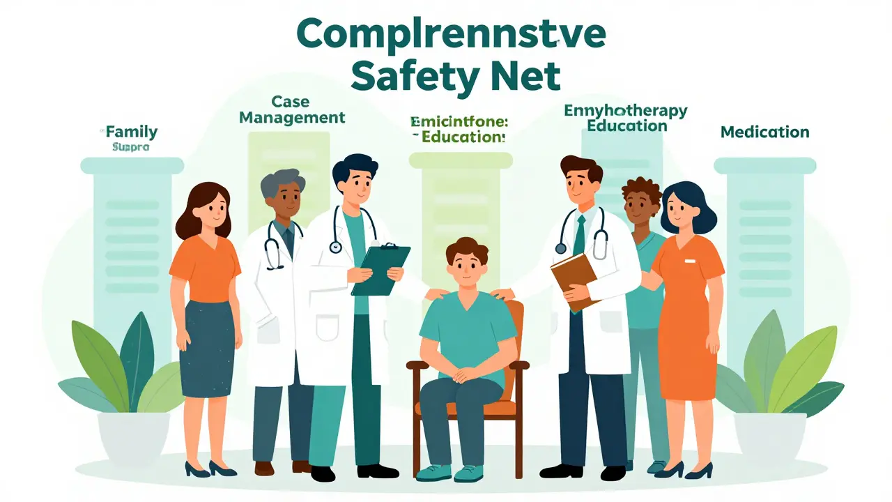 Cartoon team of specialists providing coordinated specialty care support to a patient.