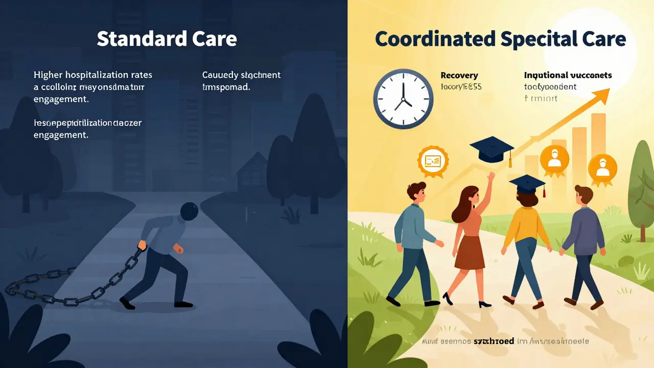 Comparison illustration showing standard care vs coordinated specialty care outcomes.