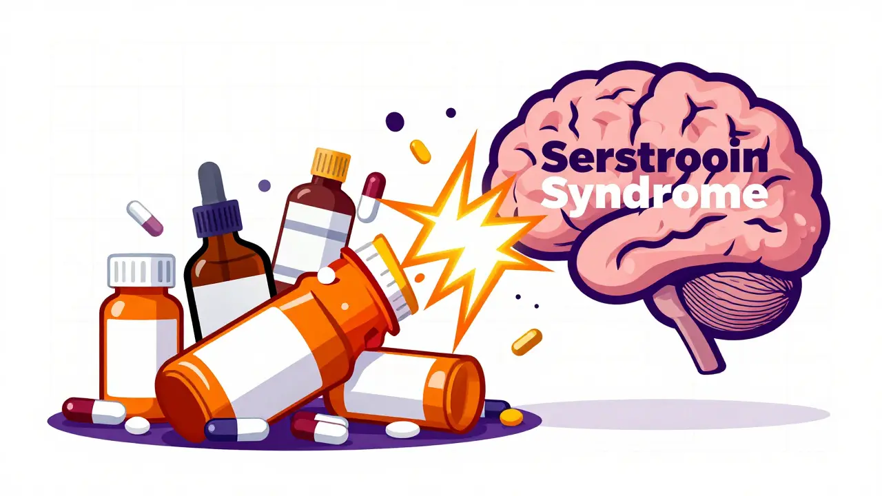 Conceptual art showing dangerous drug interactions causing serotonin overload