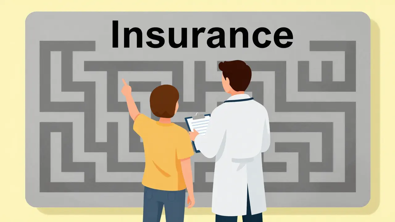 Doctor and patient ally together against an abstract insurance barrier.