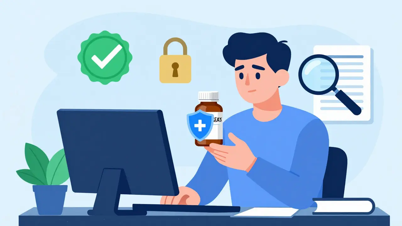 Editorial art showing a shopper verifying safety seals when buying generic drugs online.