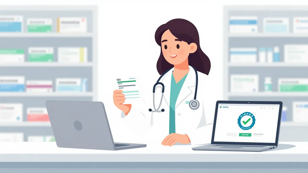 Editorial art showing a trusted pharmacist and verified online pharmacy site