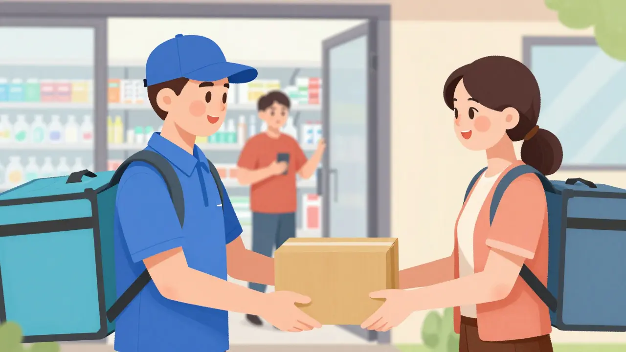 Editorial drawing of convenient home delivery and local pickup for prescription meds.