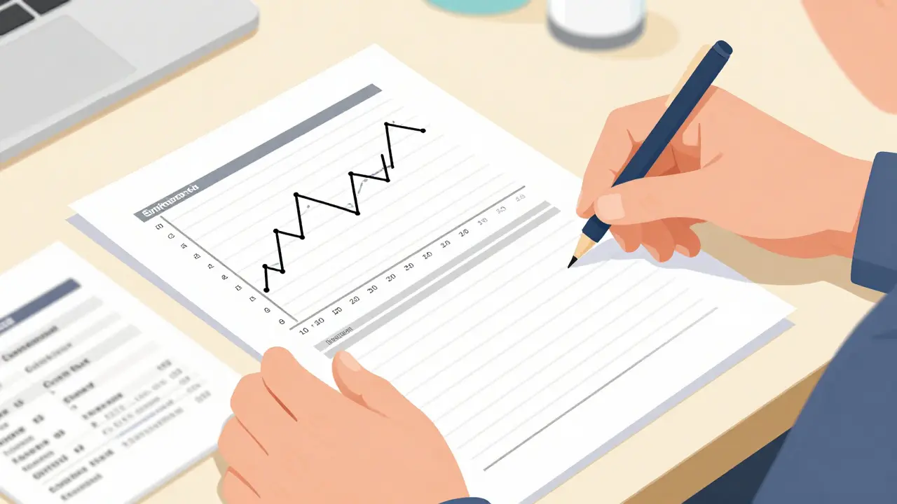 Hands organizing symptom logs and lab reports on a desk for preparation.