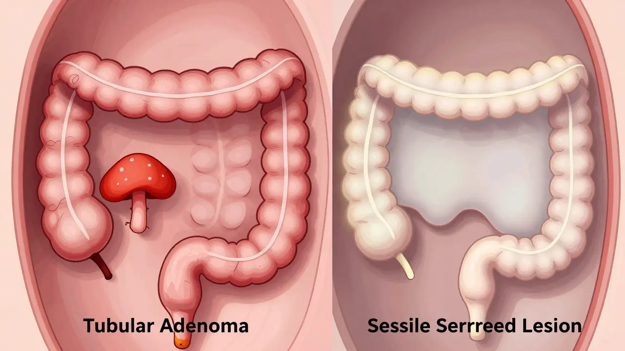Illustration comparing mushroom-shaped adenoma to flat serrated lesion
