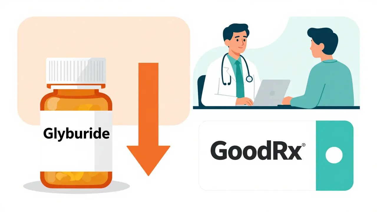 Illustration of generic Glyburide costs and discount coupons with doctor