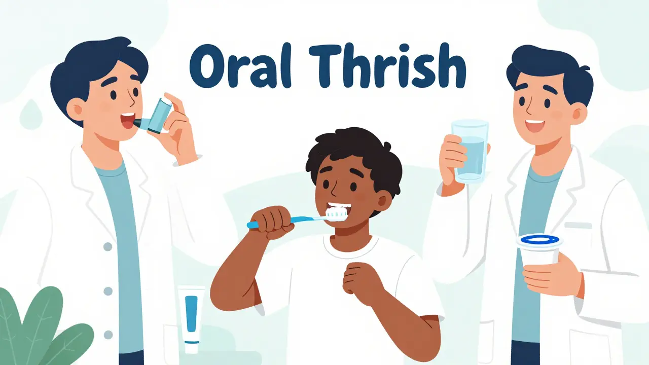 Illustration of people practicing preventive care like rinsing after inhalers and maintaining hygiene.