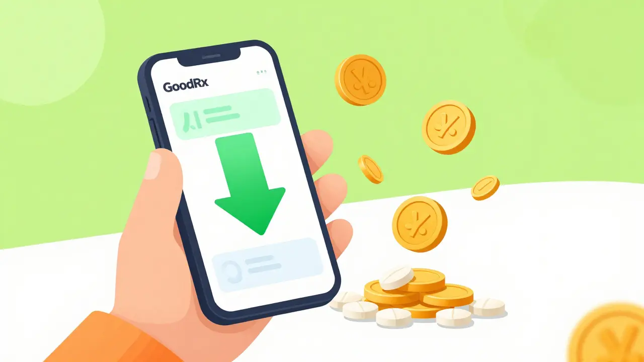 Illustration of person saving money on generic pills using a smartphone app.