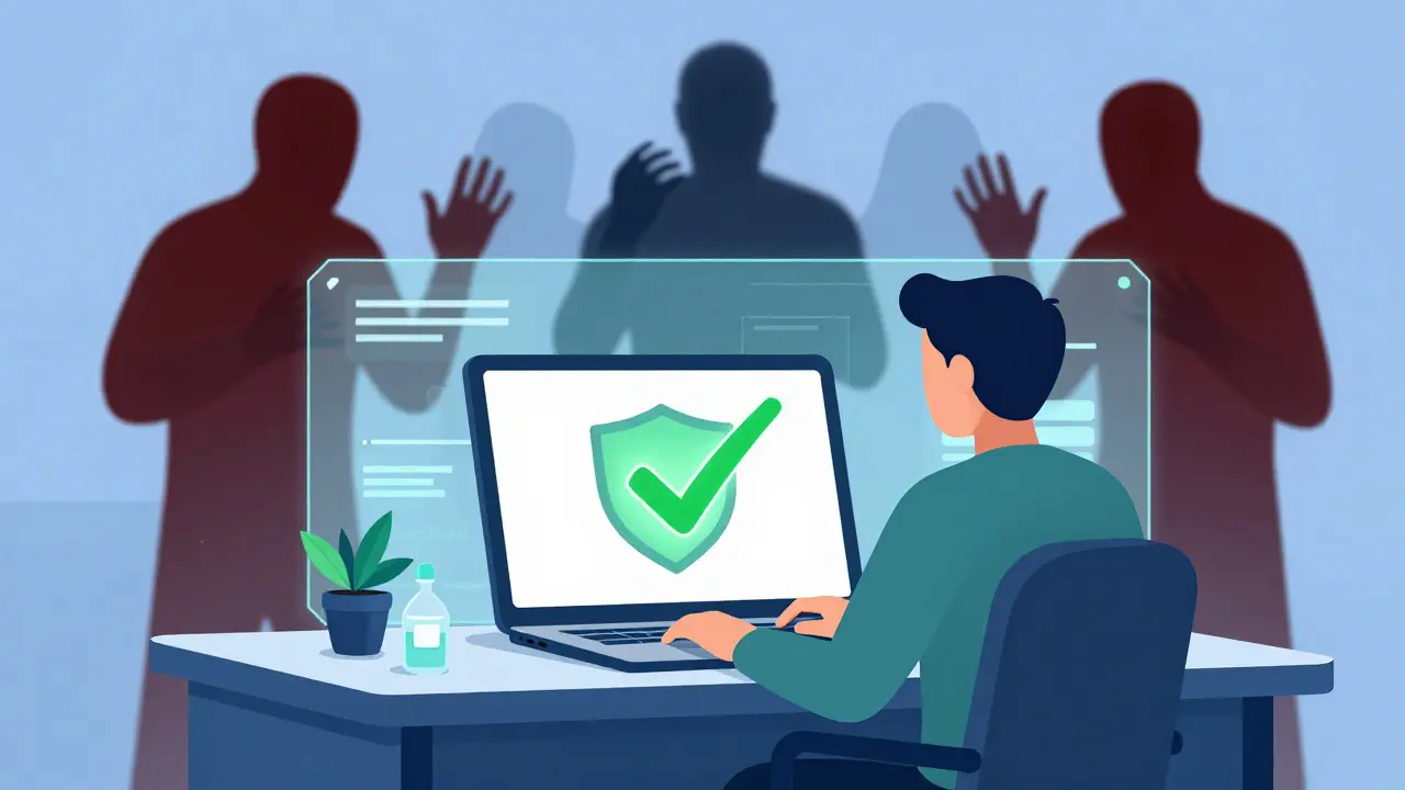 Illustration showing digital verification shielding users from counterfeit drug scams.