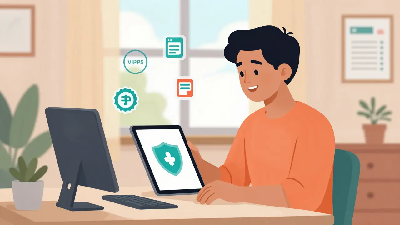 Person safely ordering medication online with security shields and badges