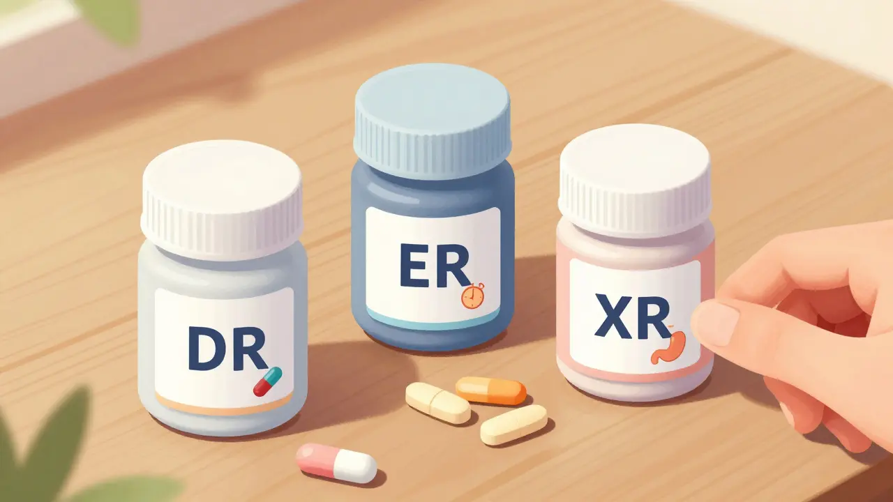 Artistic display of DR, ER, and XR medication types