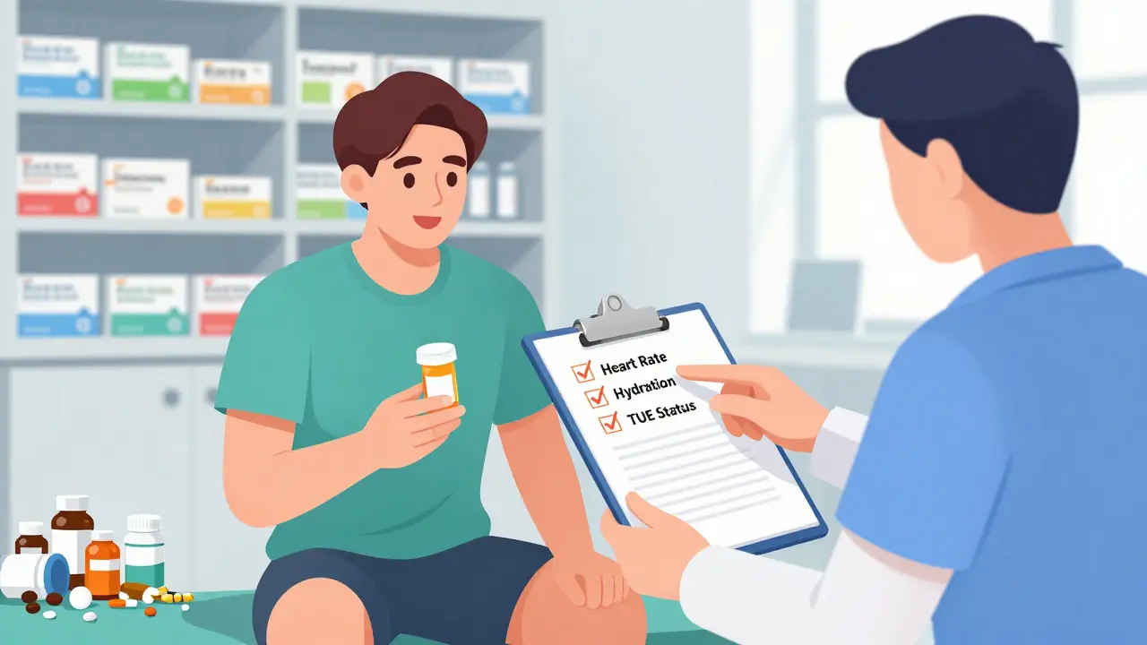 Athlete consulting doctor about safe medication use