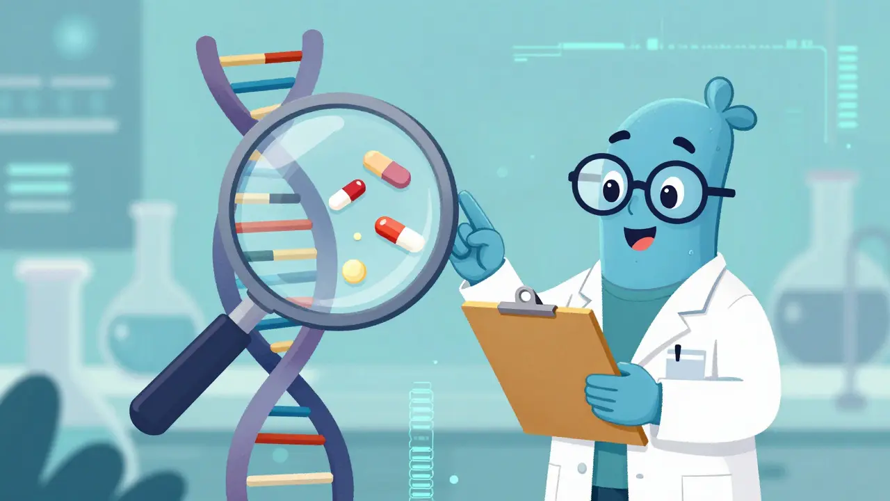 Cartoon DNA character reviewing medication options for cancer prevention