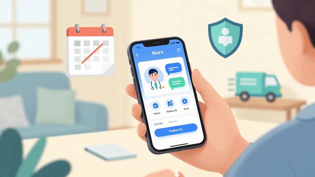 Cartoon of a person using a smartphone app to get a prescription via telehealth services.