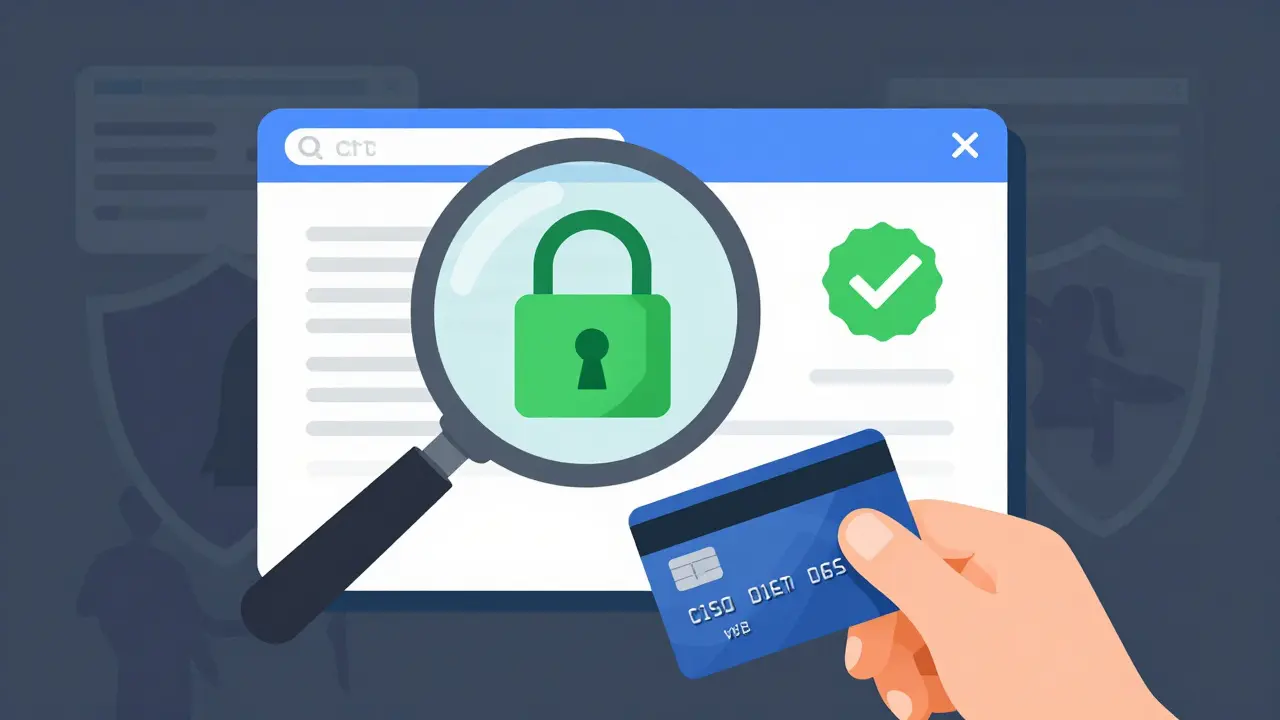 Cartoon showing a magnifying glass checking a secure website padlock for safe buying