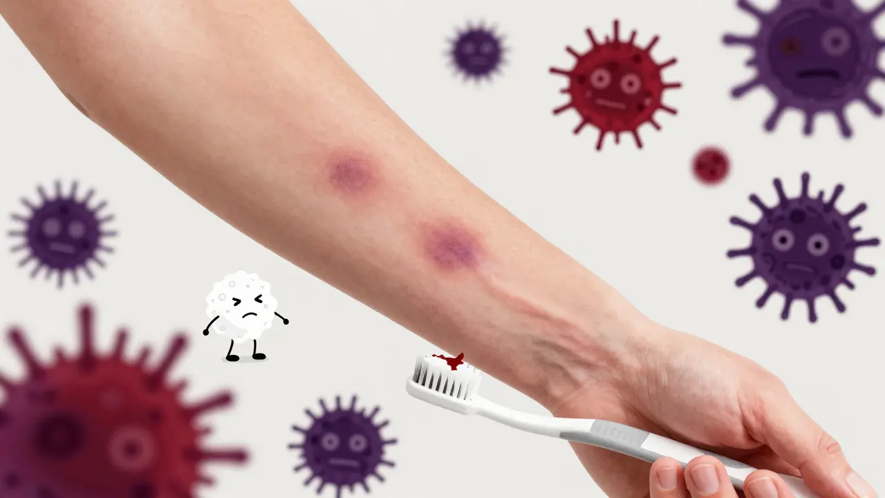 Cartoon showing bruises, bleeding gums, and weak immune cells fighting germs