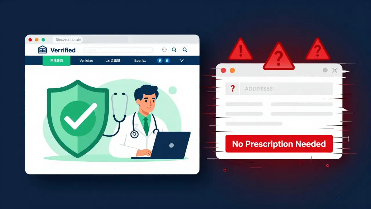 Comparison of safe verified pharmacy vs fake scam website