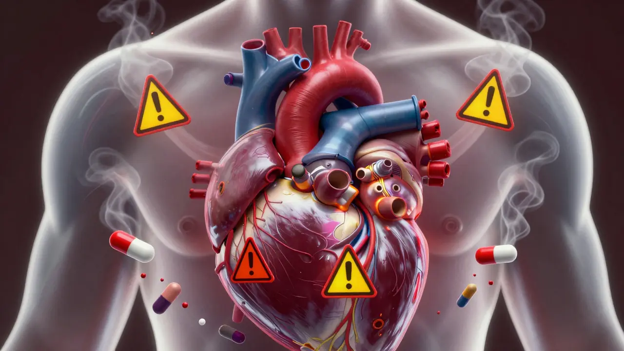 Conceptual art showing heart strain from athletic medications