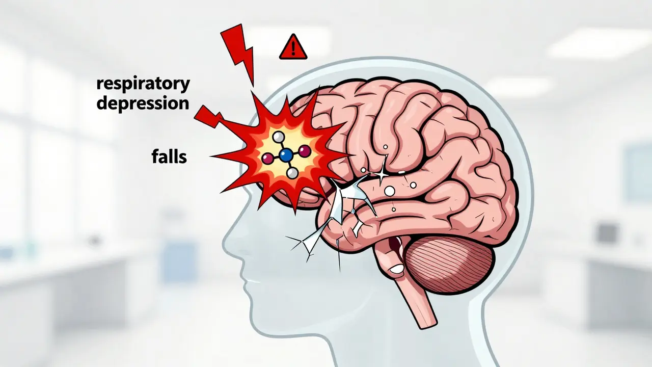 Conceptual cartoon of brain molecules colliding, causing sparks and warning signs.