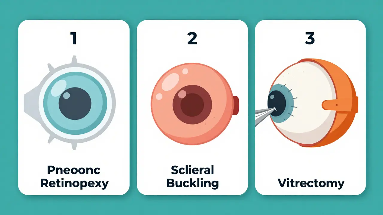 Diagram illustrating three surgical methods for repairing detached retina.