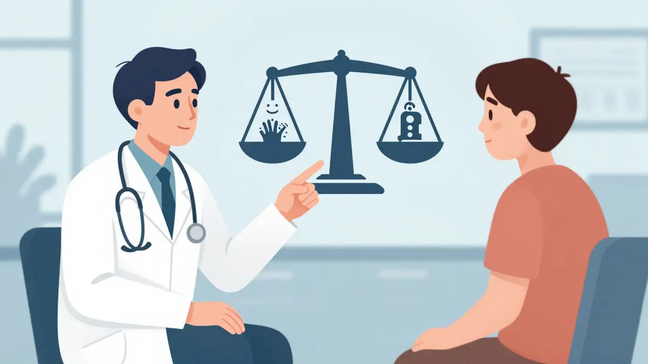 Doctor and patient discussing dialysis decision with scale