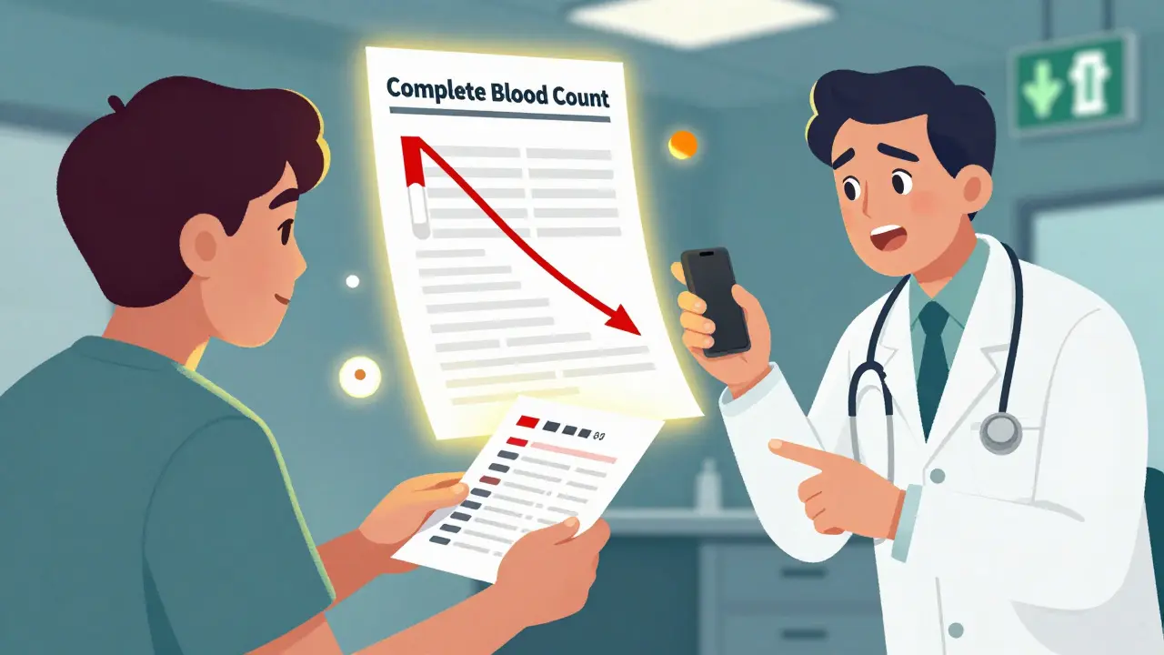 Doctor reviewing CBC results with patient, emphasizing urgent medical action