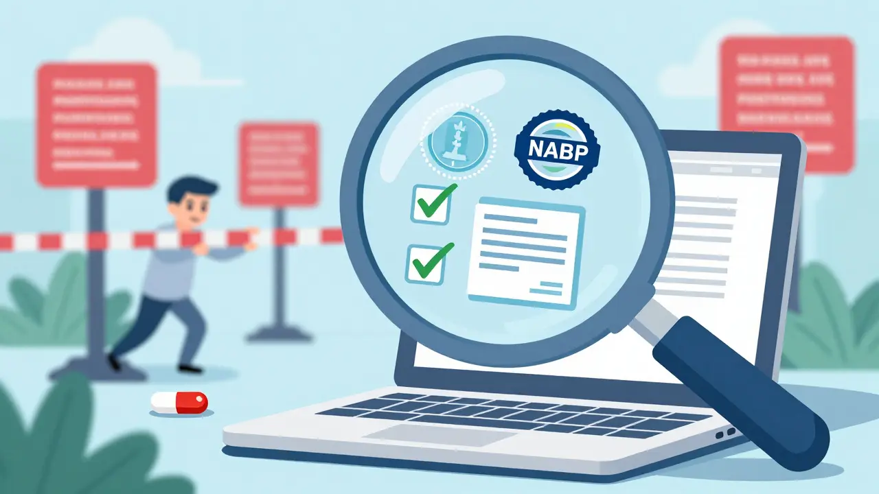 Editorial illustration showing safety checks and verification seals for online pharmacies.