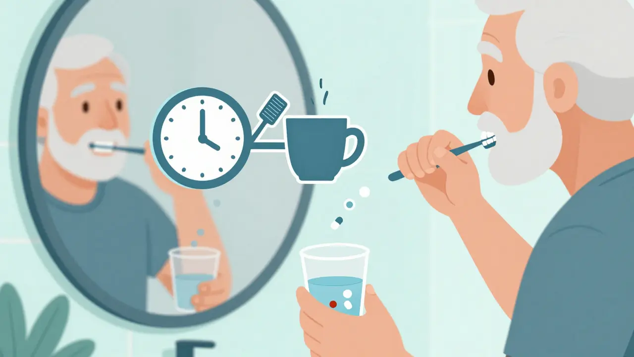Elderly person brushing teeth while taking medication, illustrating habit stacking