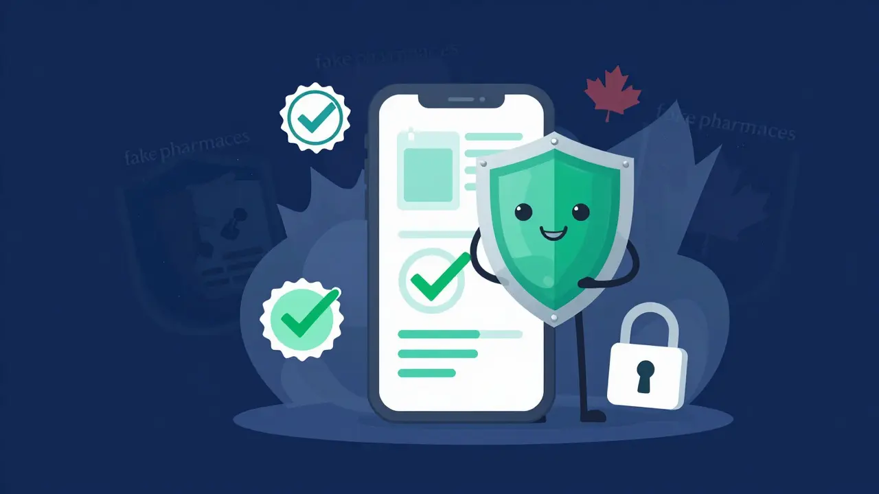Graphic showing safe online pharmacy verification shields
