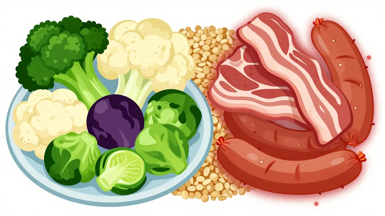 Illustration comparing healthy vegetables with processed meats for cancer risk