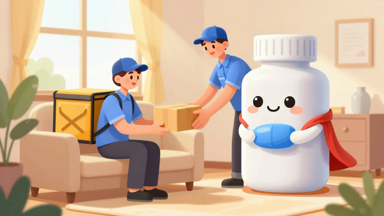 Illustration of a delivery driver handing a medicine package to a customer at home