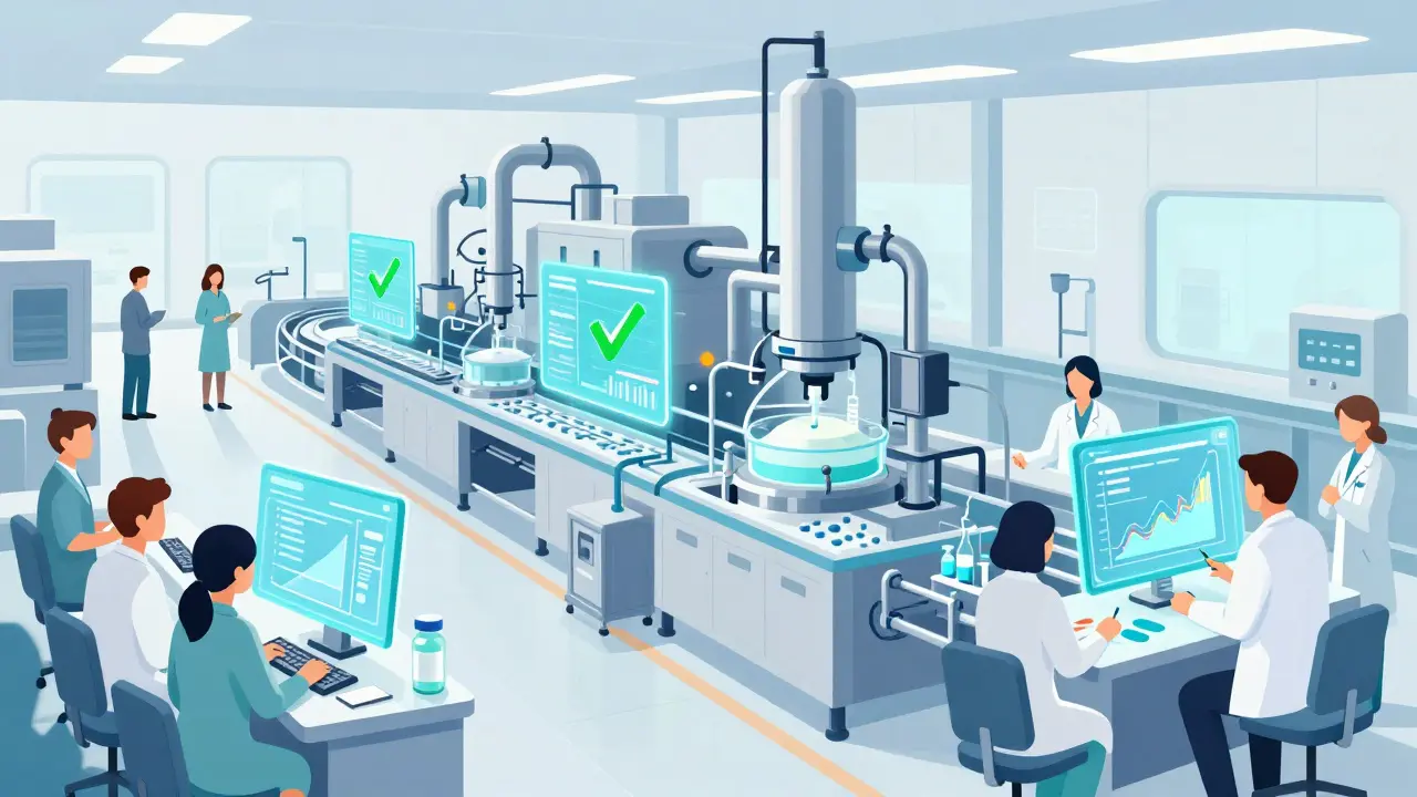 Illustration of AI-driven continuous pharmaceutical manufacturing process